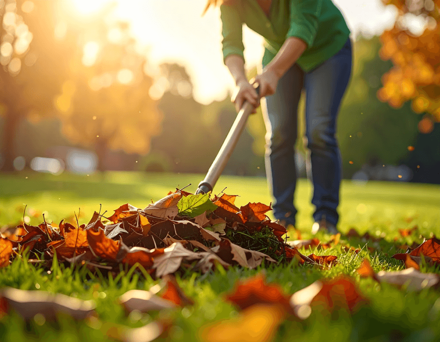 Person raking fallen autumn leaves into a pile during a seasonal yard cleanup in a bright, colorful backyard.