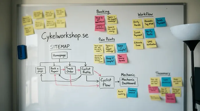 Whiteboard with a sitemap for the cyclist and mechanic flows, surrounded by sticky notes on booking, workflow and pain points