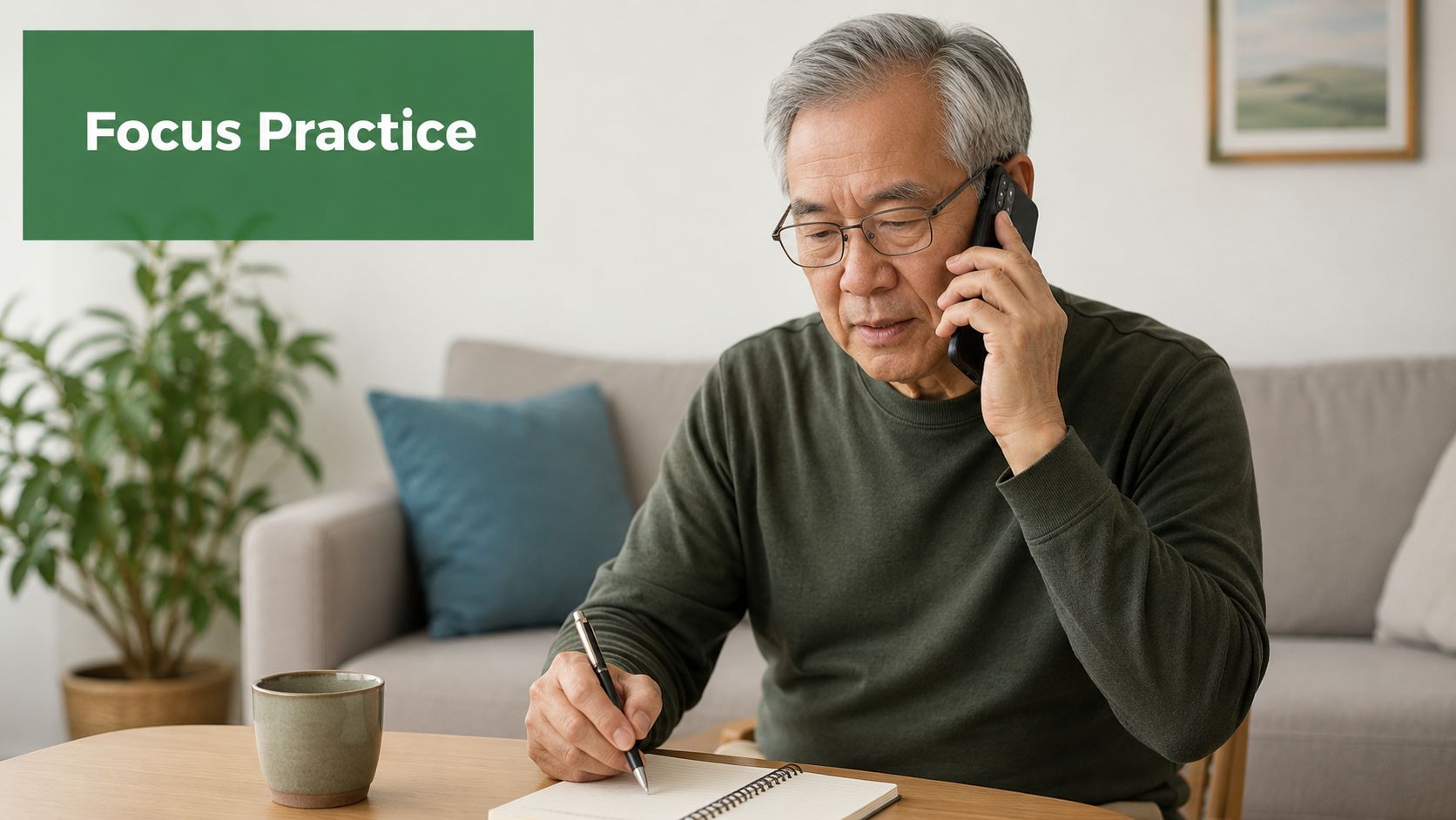 An older Asian man sits at a table, writing in a notebook while talking on a smartphone.