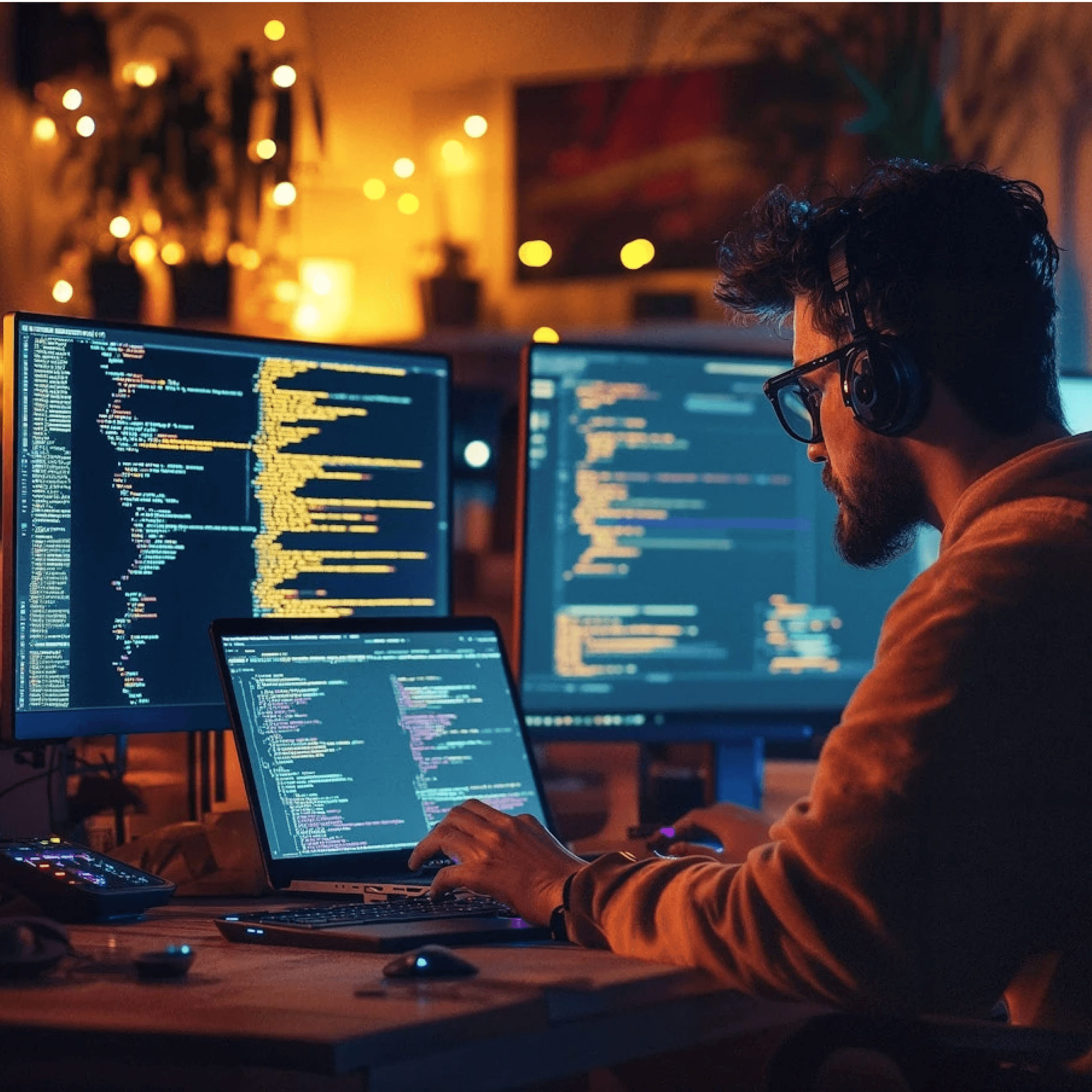 Man focused on coding at a computer, typing on a keyboard with code visible on the screen