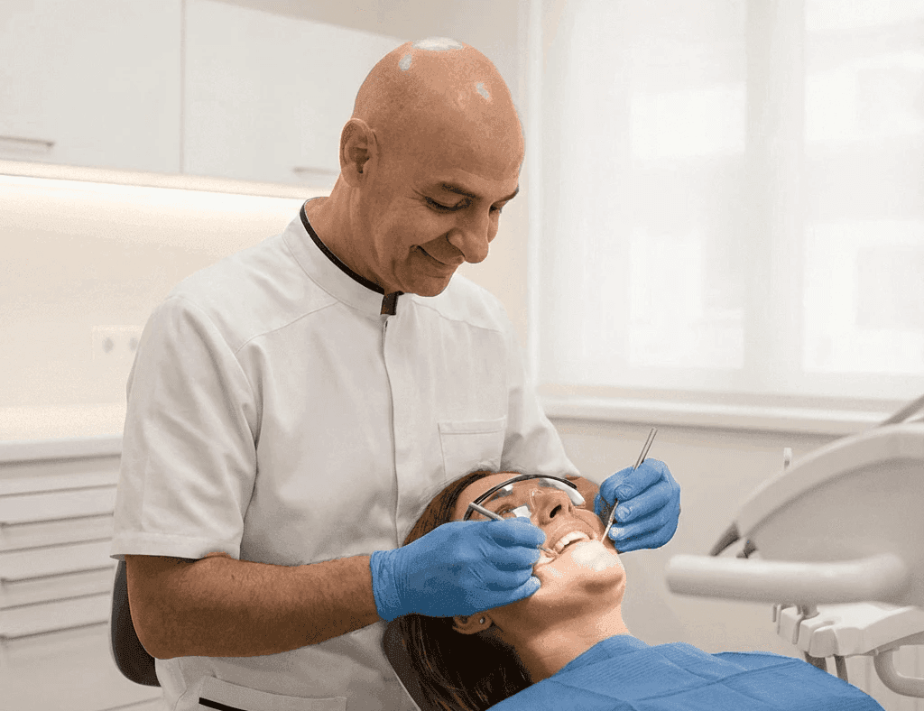Orthodontic follow-up appointment monitoring teeth alignment and post-treatment crowding stability.