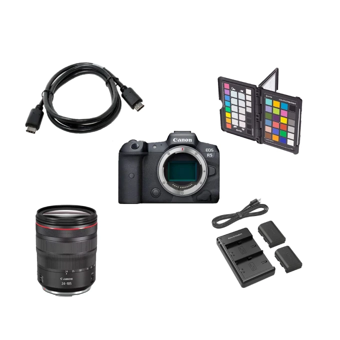 Image contenant tous le matériel présents dans le Pack Digital II : un Canon R5, un Canon 24-105 f/4, un Cable Syncro USB C TheterTools, un Double Chargeur + deux batteries LP-E6N, un Colorchecker