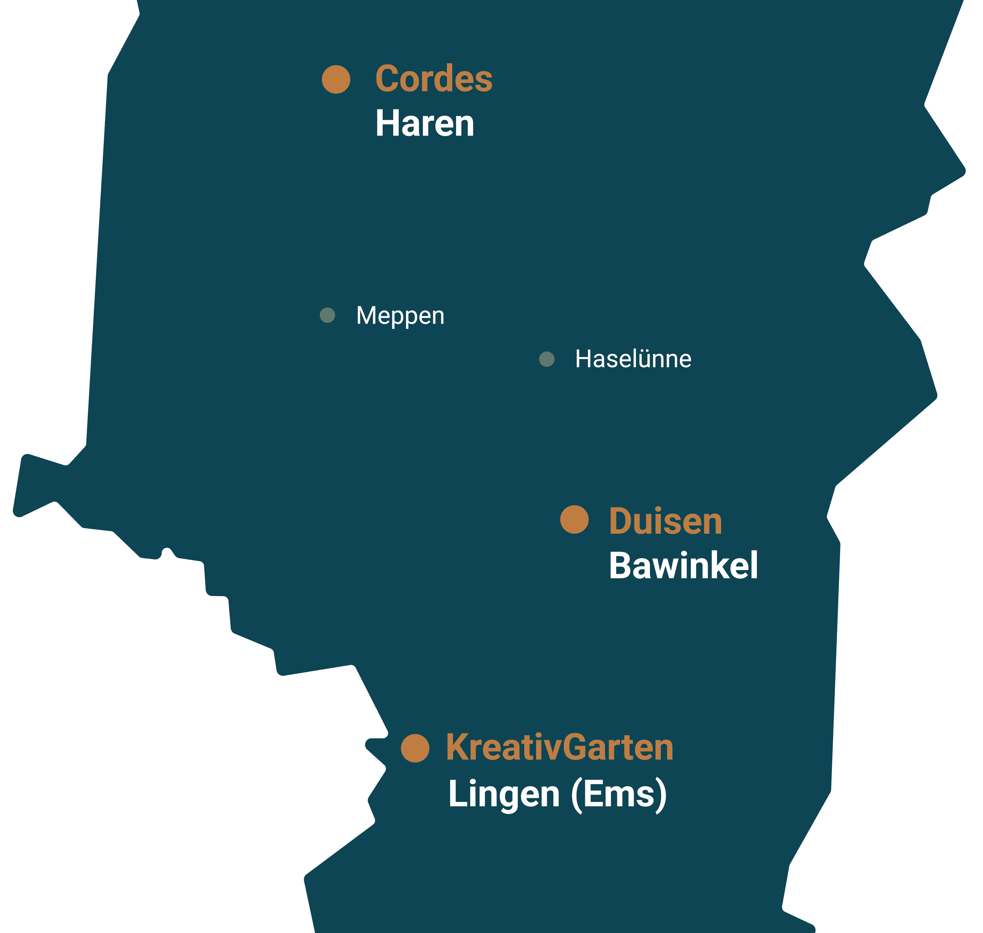 Karte des Emslandes mit den Standorten Haren, Bawinkel und Lingen (Ems)
