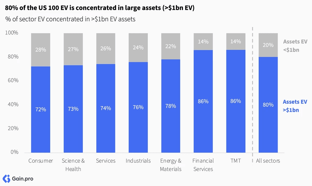 Two pie charts compare US investor dominance. Left chart: 85% US, 8% Europe, 4% Canada by EV managed. Right chart: 79% US, 11% Europe, 6% Canada by count.