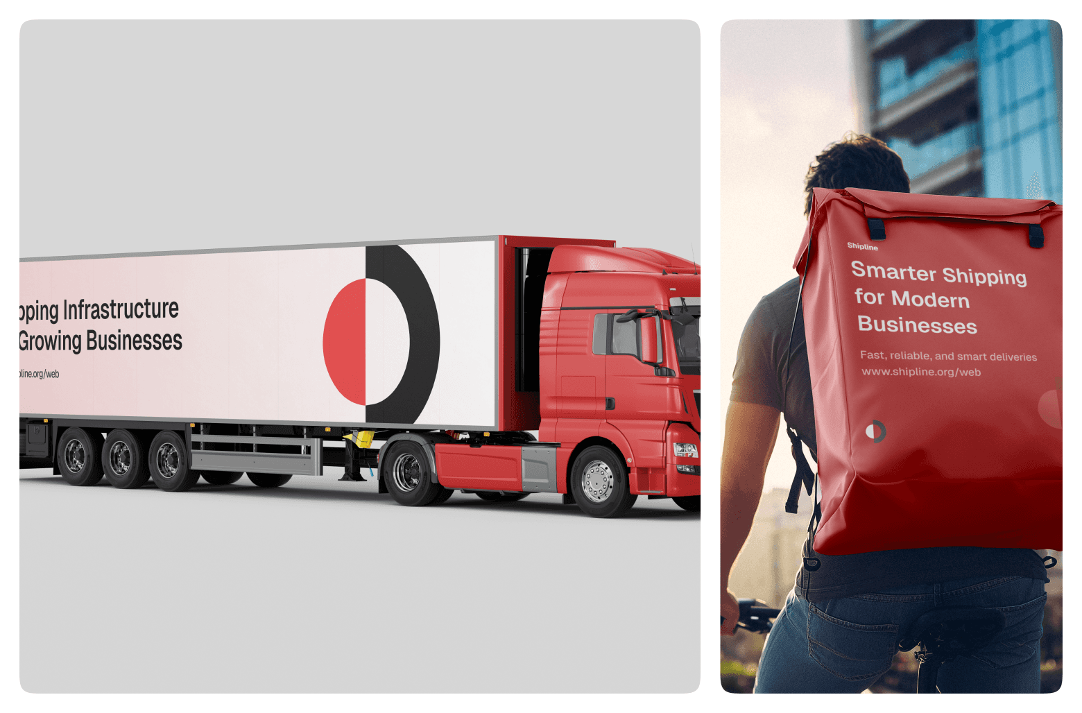 Branded logistics truck and courier with Shipline delivery backpack.