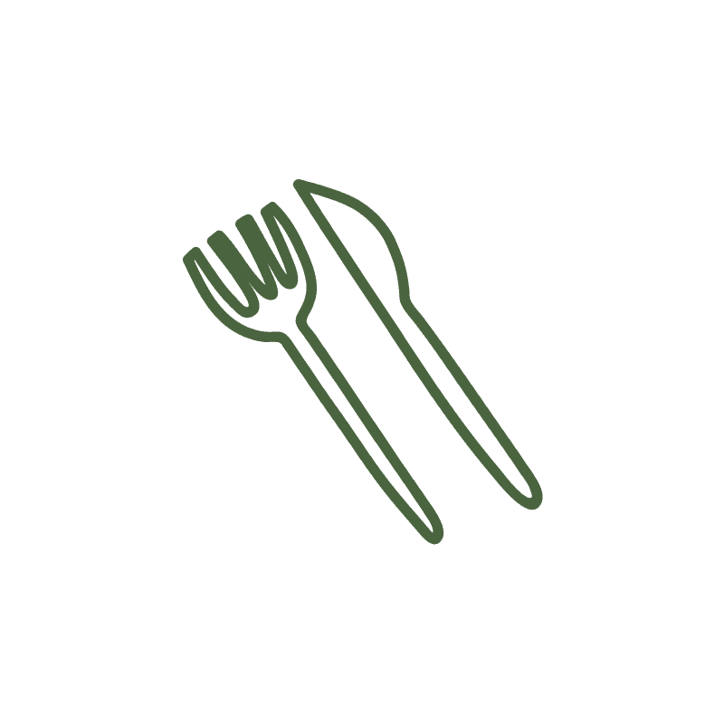 A fork and knife crossed or placed side by side, rendered in olive green line art