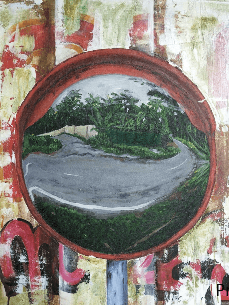 herd of sheep on road painting