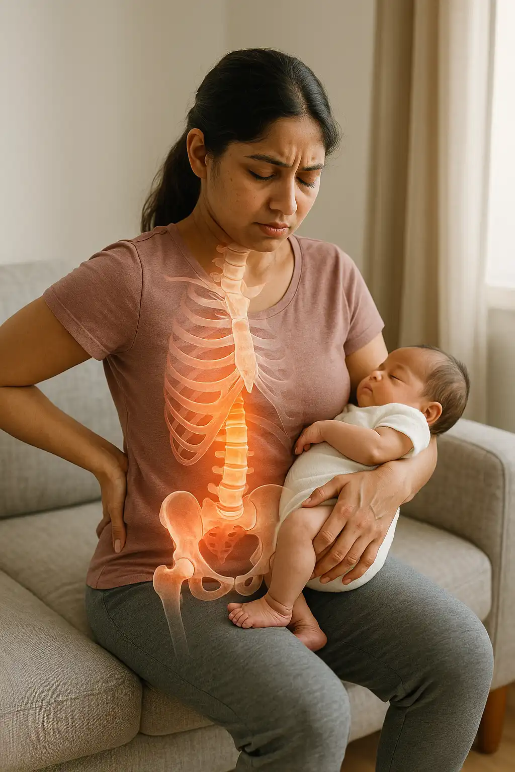 Postpartum woman holding her newborn while experiencing abdominal and lower-back pain, indicating pelvic floor or core muscle dysfunction.