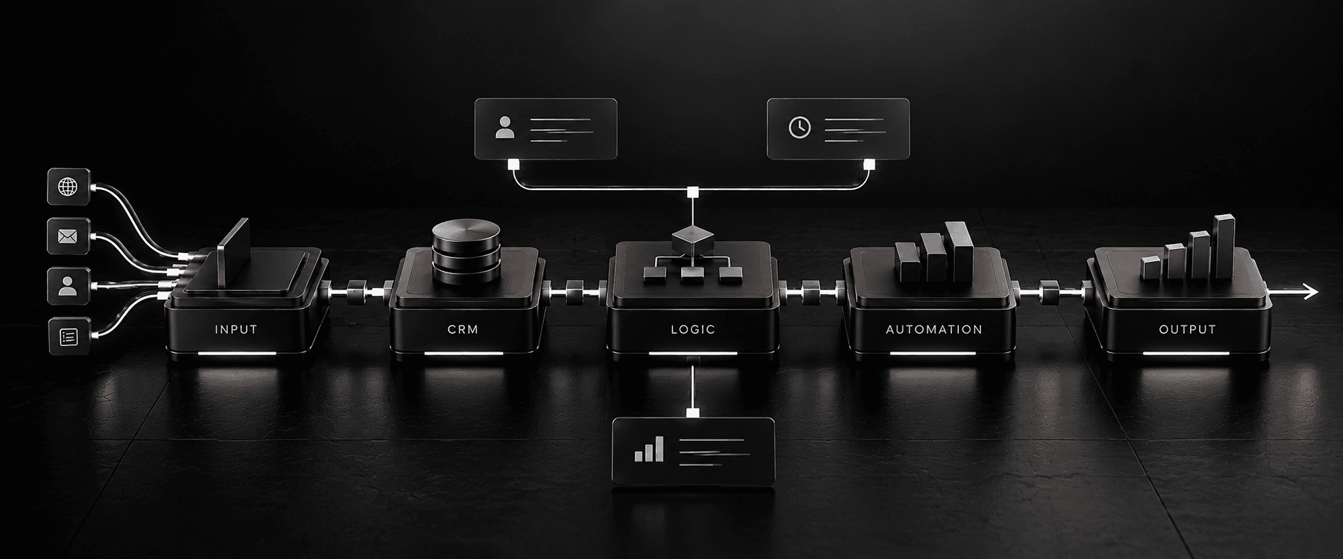 Sales process automation architecture connecting inputs, CRM, workflow logic, automation and operational outputs.