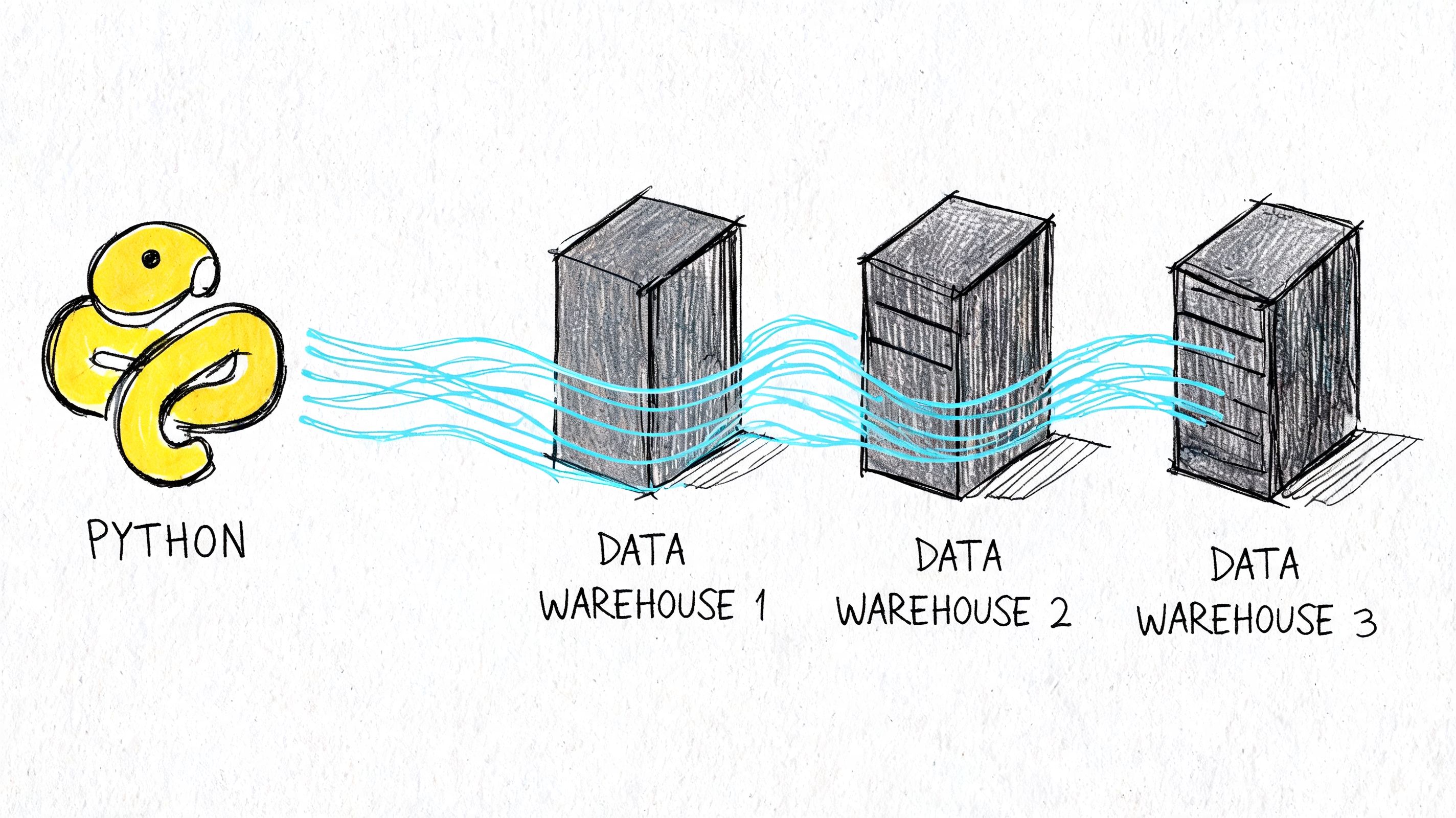 A hand-drawn illustration showing a Python logo transferring data between three distinct data warehouse server towers.