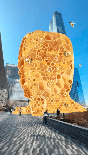 A conceptual sketch of a city plaza featuring a giant, head-shaped honeycomb sculpture under a blue sky