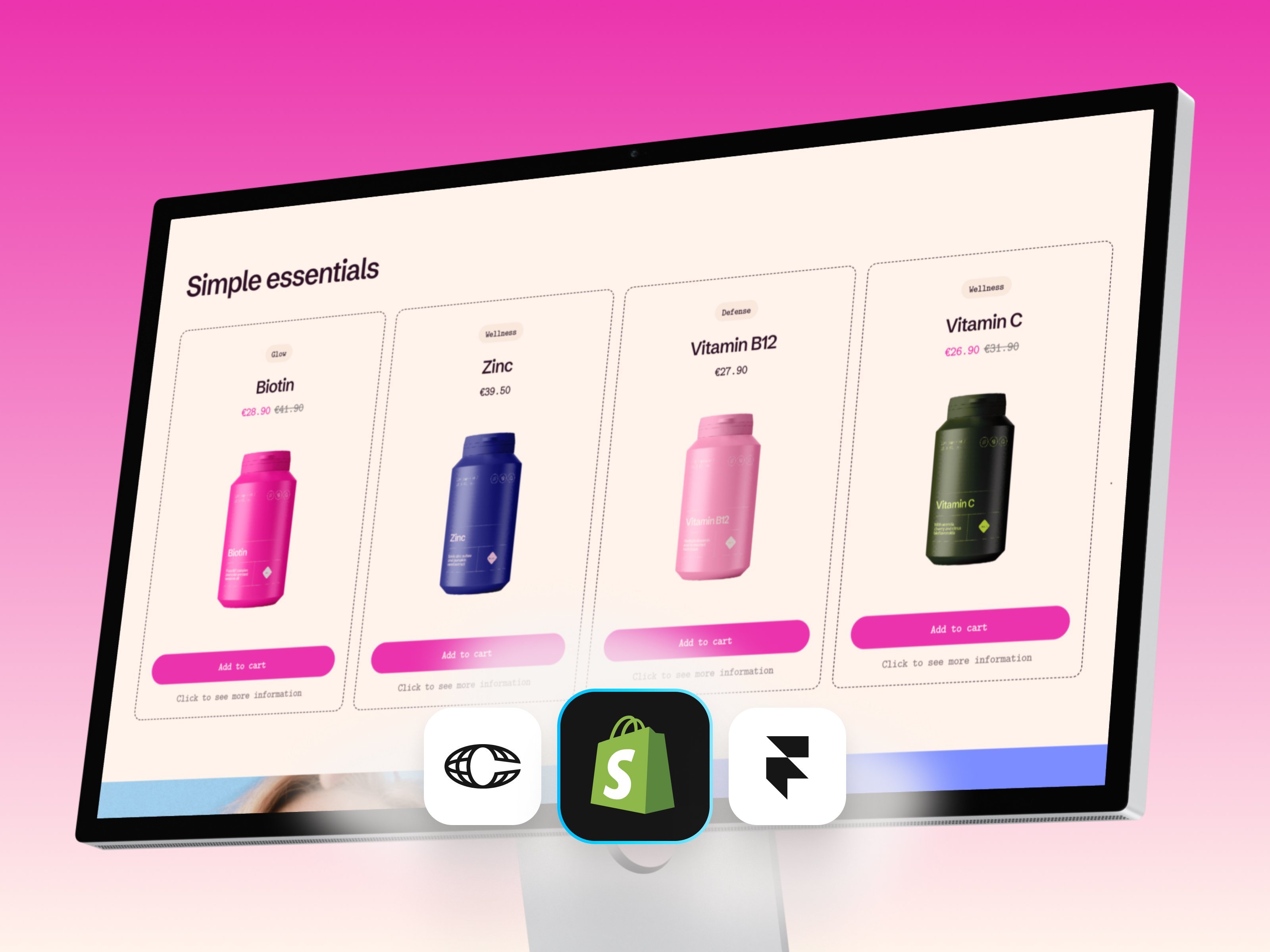 Unwind wellness supplement website template on a desktop monitor showing a "Simple essentials" product grid with Biotin, Zinc, Vitamin B12, and Vitamin C bottles in pink, purple, and dark green on a pink gradient background