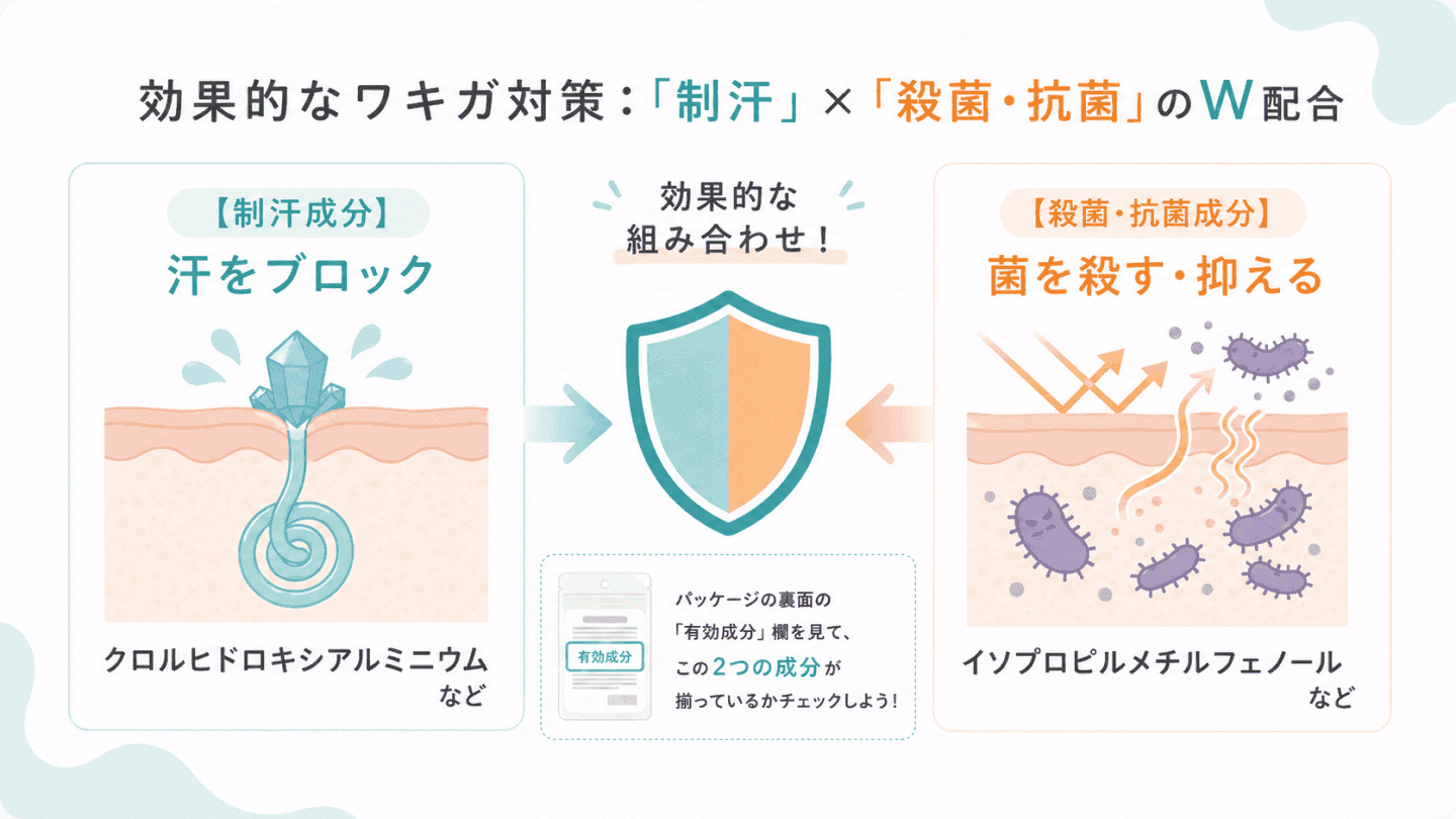 図4. 制汗と殺菌・抗菌の組み合わせによるワキガ対策の図、成分の働きを説明