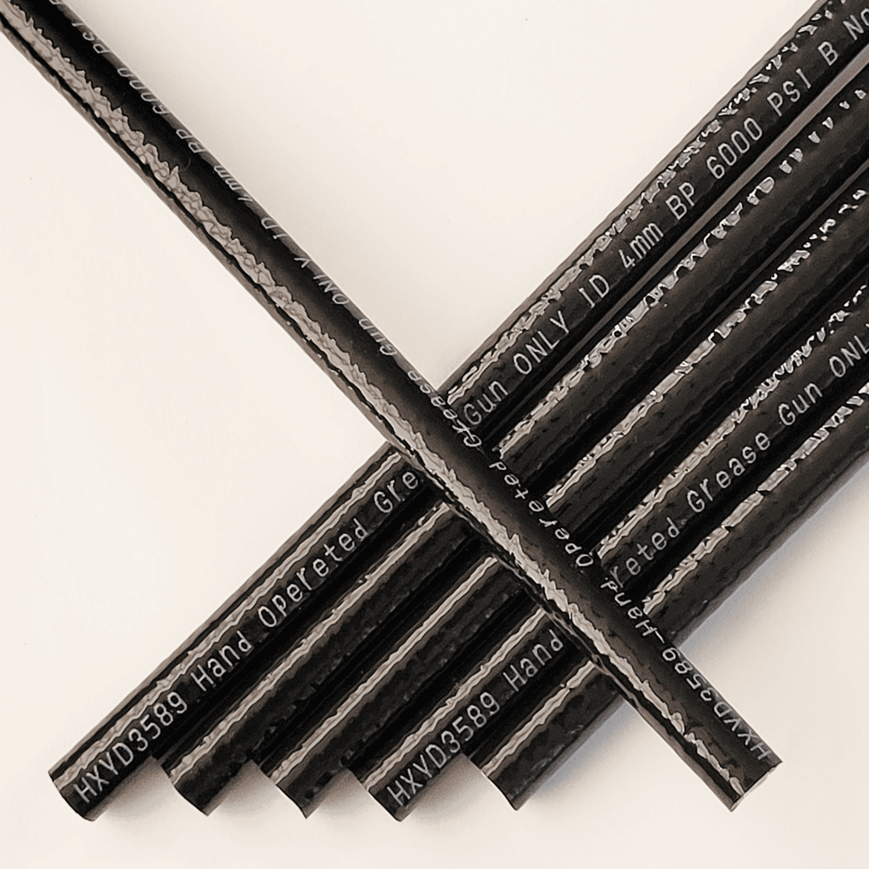 5 Peices of Rubber hose kept besides each other with specifications printed on them