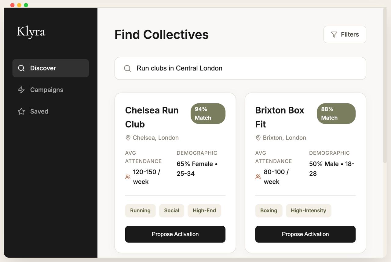 Brand Discovery & Collective Matching interface.