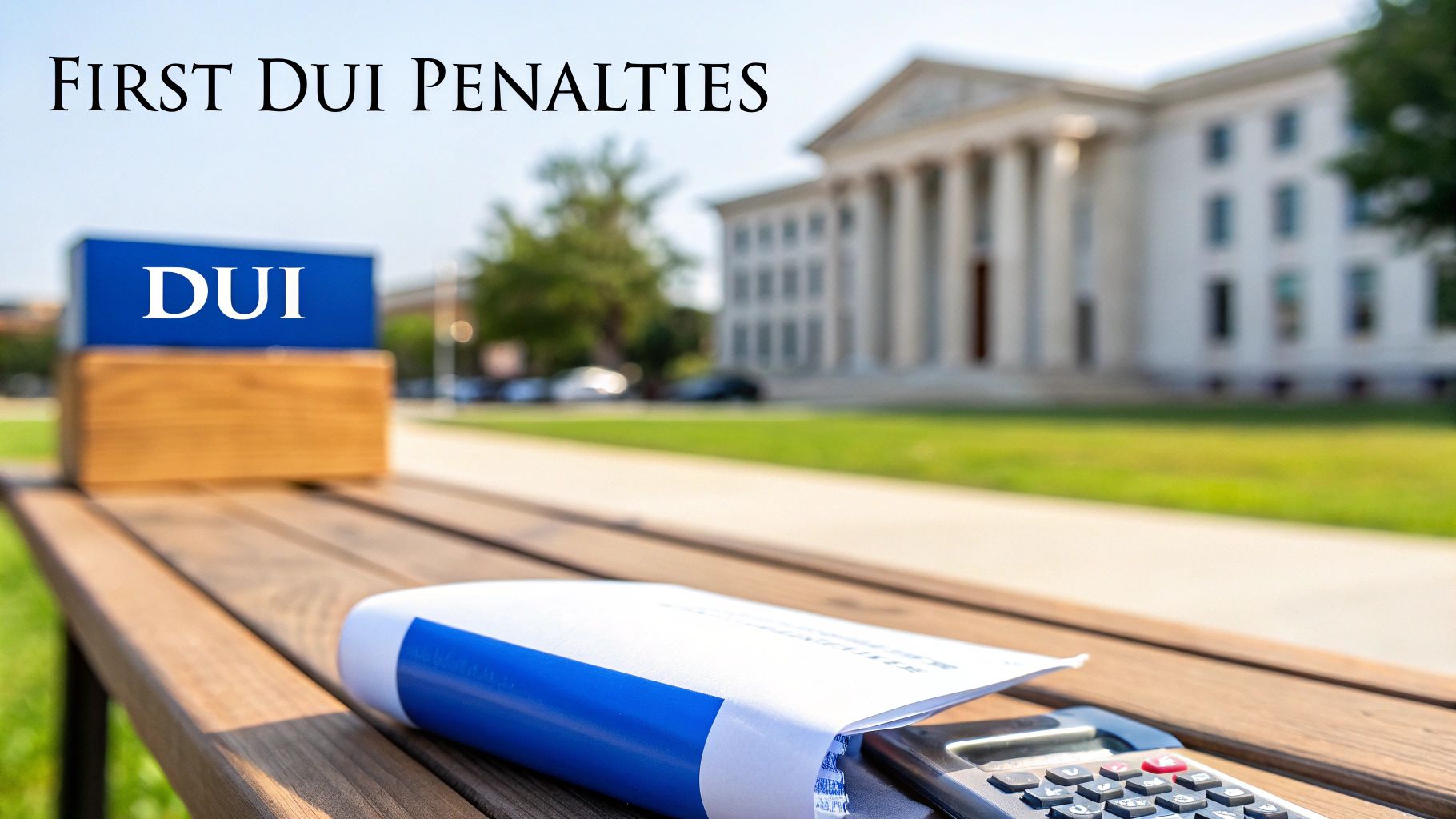 Text 'FIRST DUI PENALTIES' above a calculator and papers on a bench, with a courthouse in the background.