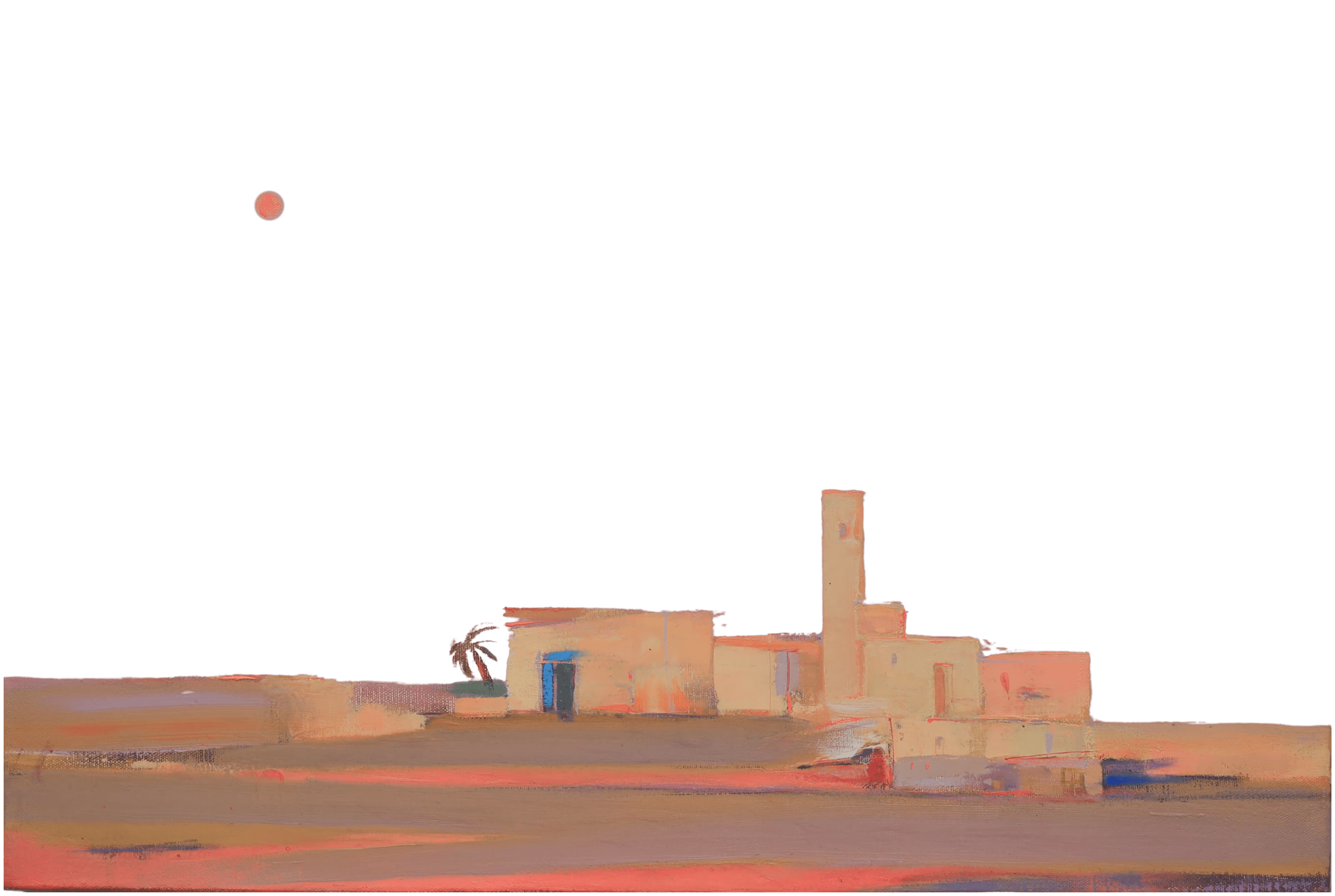 A solitary, minimalist building stands under a clear night sky with a full moon, casting a serene glow over the barren landscape, creating a tranquil and peaceful scene.