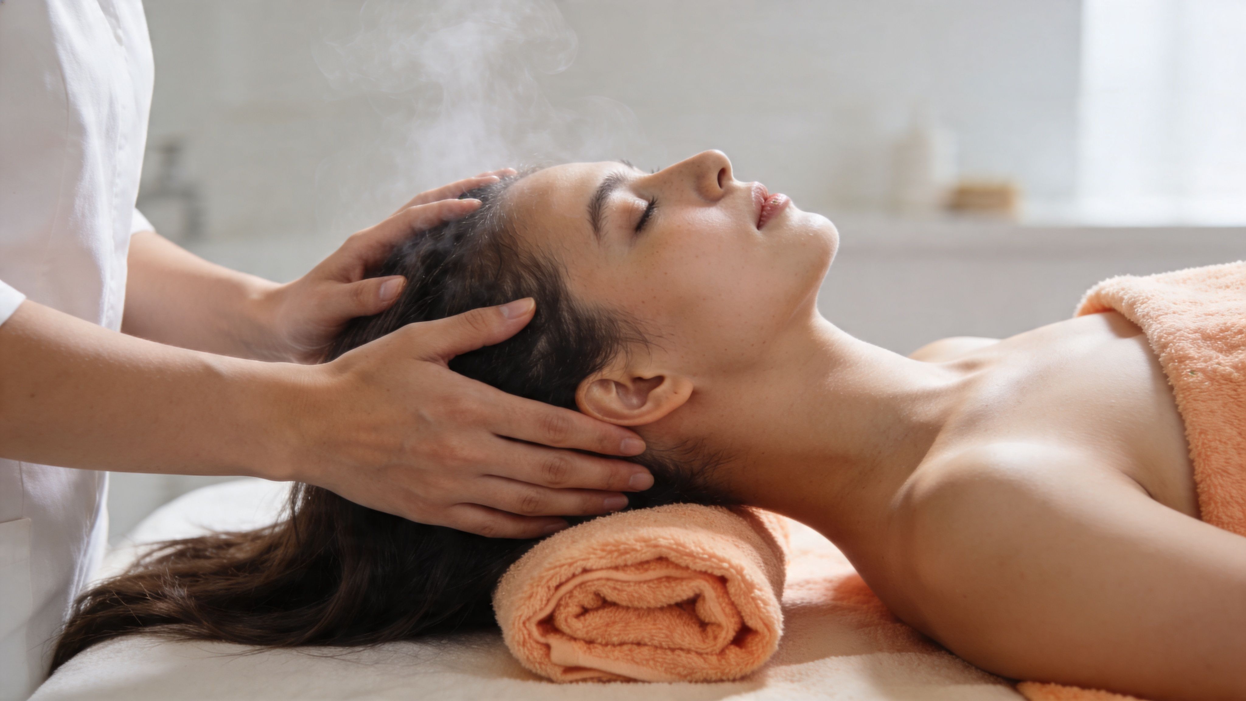 A professional therapist performs a relaxing scalp treatment with steam on a woman at a spa.