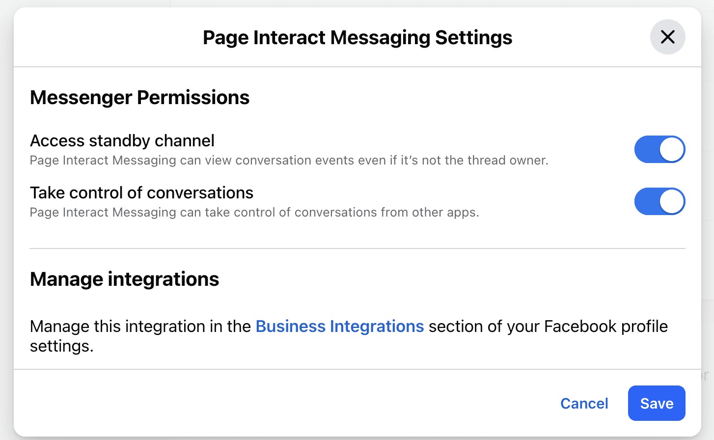 Page Interact Messaging Settings dialog with Access standby channel and Take control of conversations both switched on.
