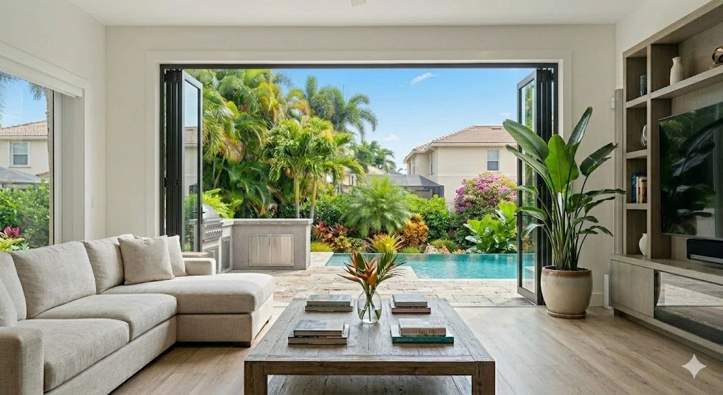 Impact-rated bifold patio door installation opening to outdoor living area in Fort Lauderdale — Planet Construction FL