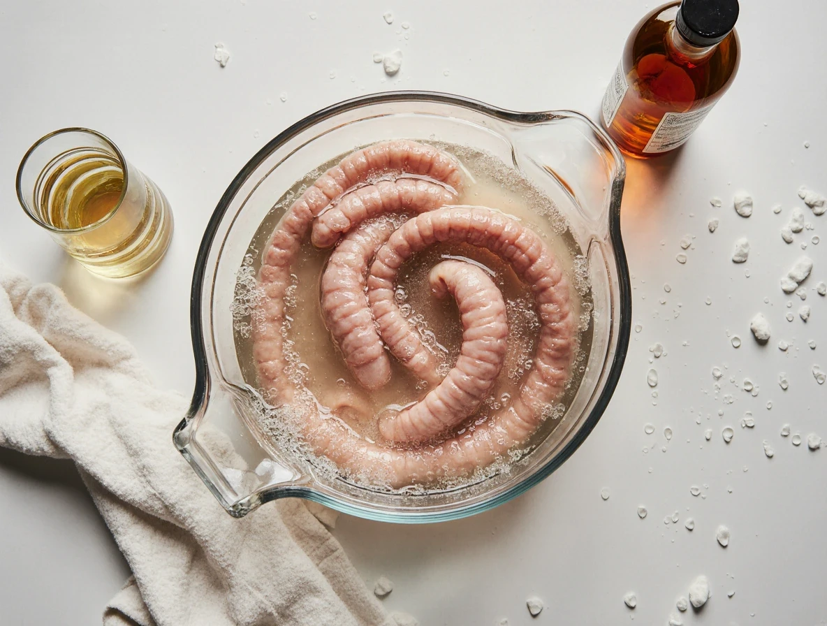 Moczenie jelit wieprzowych w occie i soli.