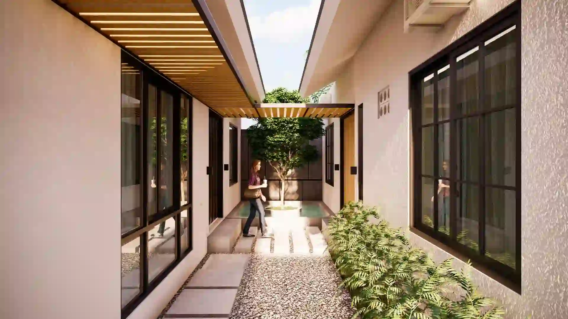 Mono House - Ruang Penghubung Bangunan dengan Kanopi di Pagi Hari