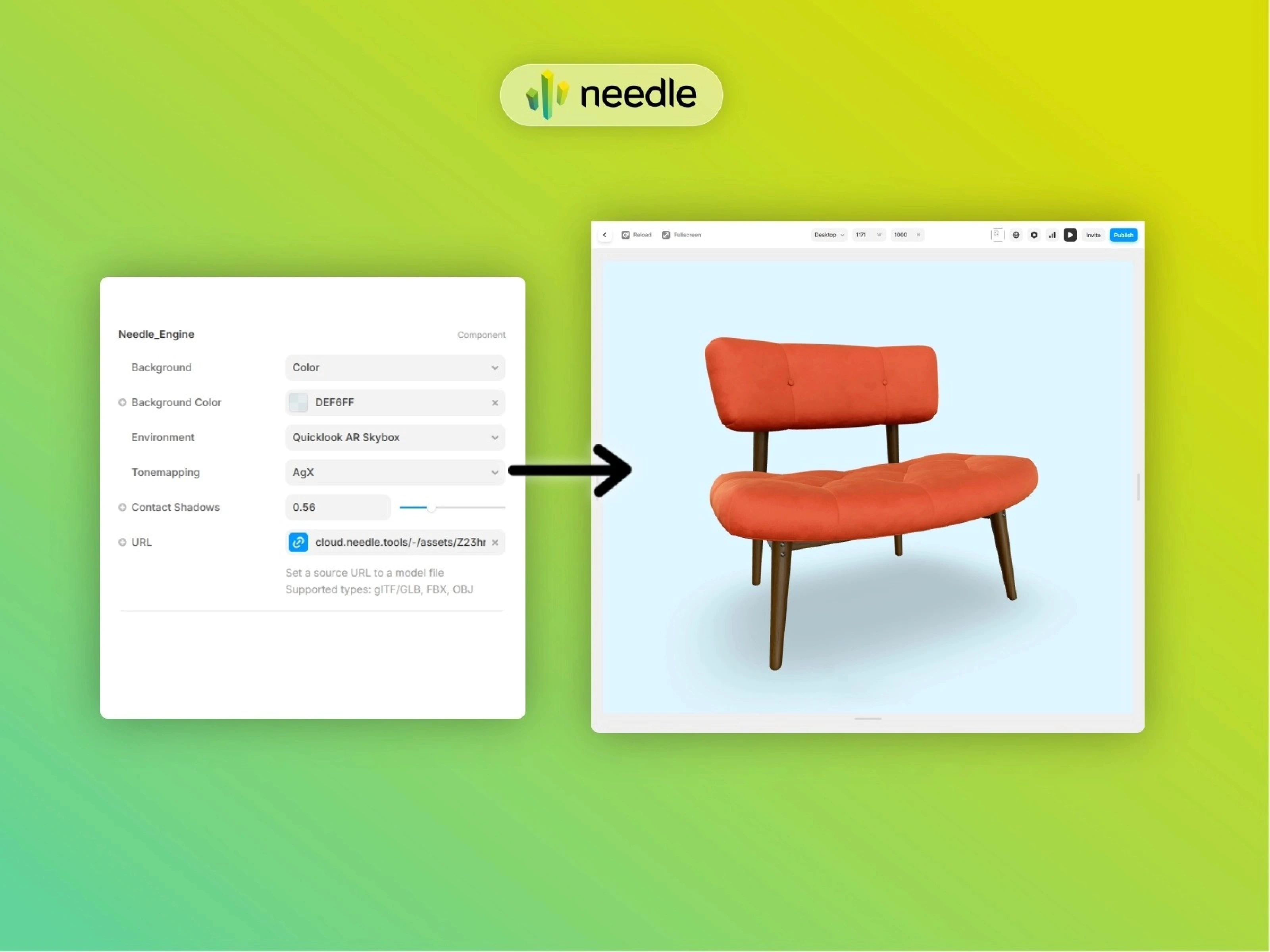 This is an example featuring a 3D model of an orange chair alongside the Needle Engine settings window on a green gradient background.