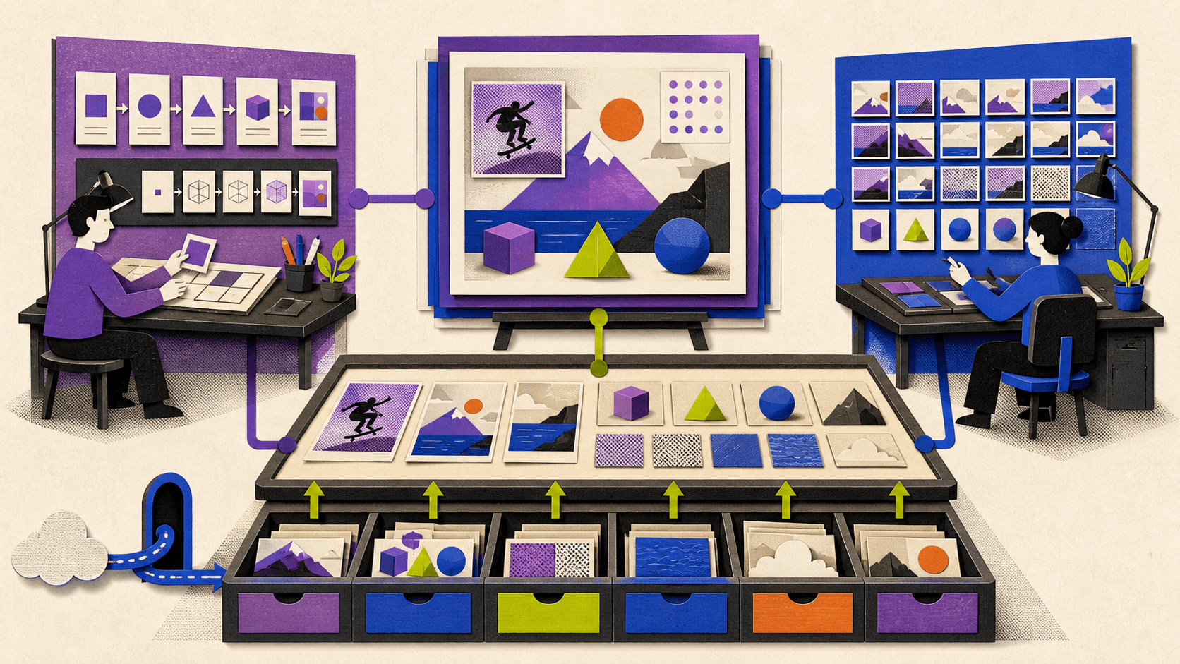 Editorial illustration showing CPU and GPU workstations sharing a creative project with RAM, storage, and network resources