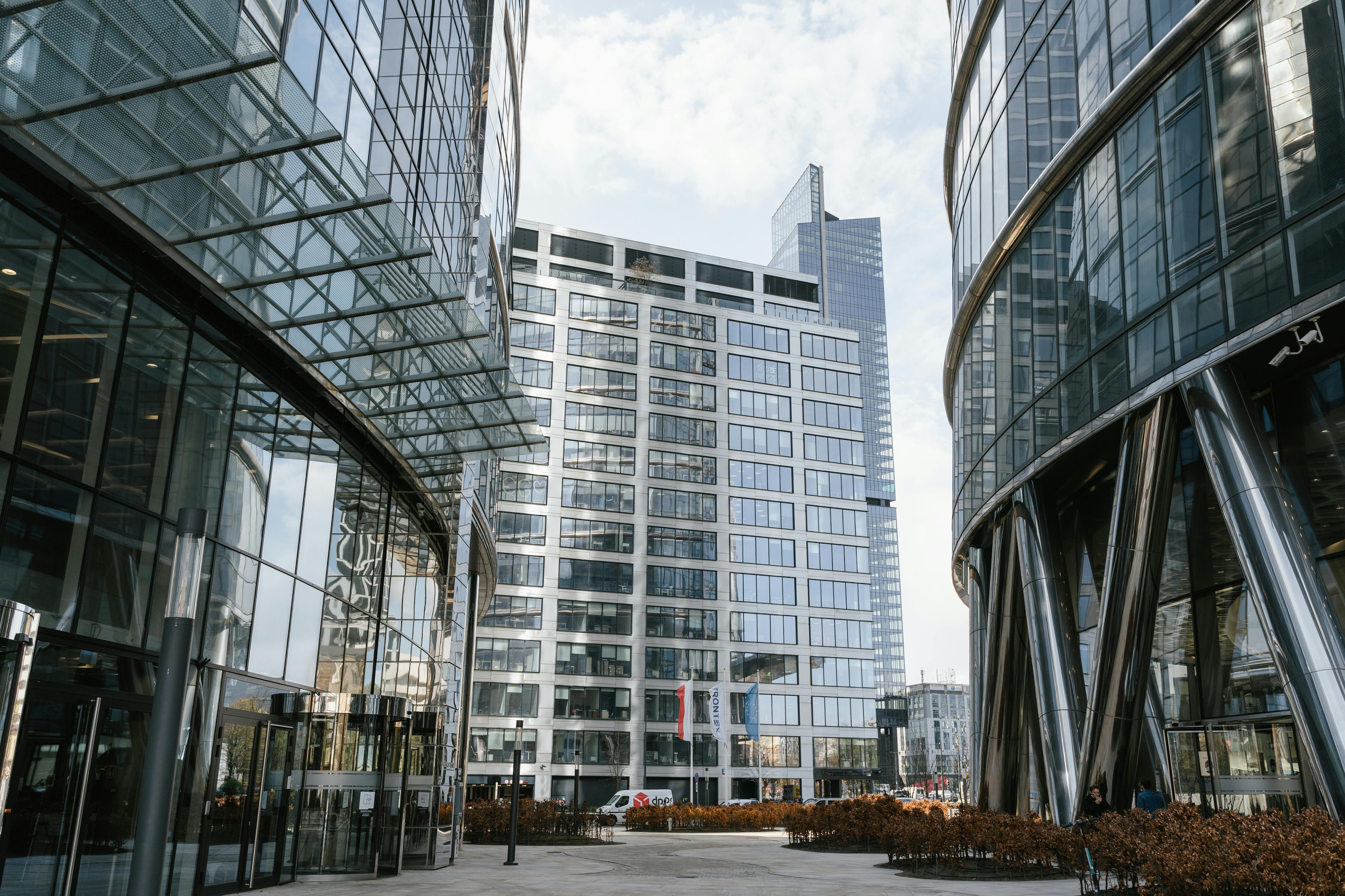 Landscape shot of skyscrapers in a business district.