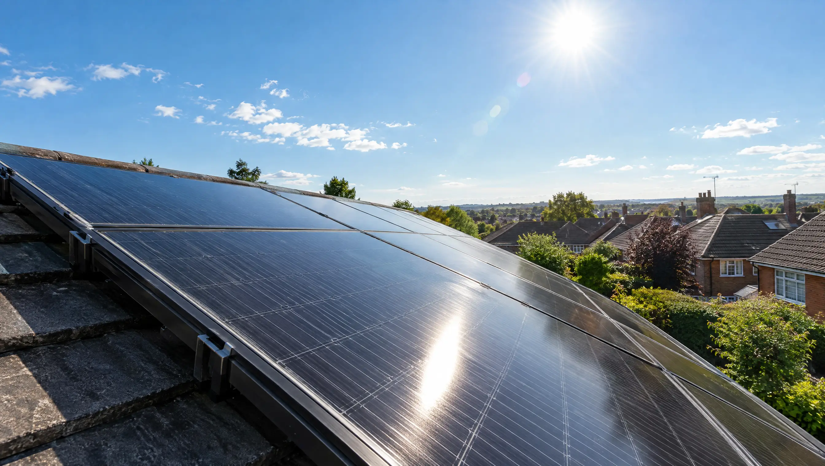 Midday sun shining on a rooftop solar array