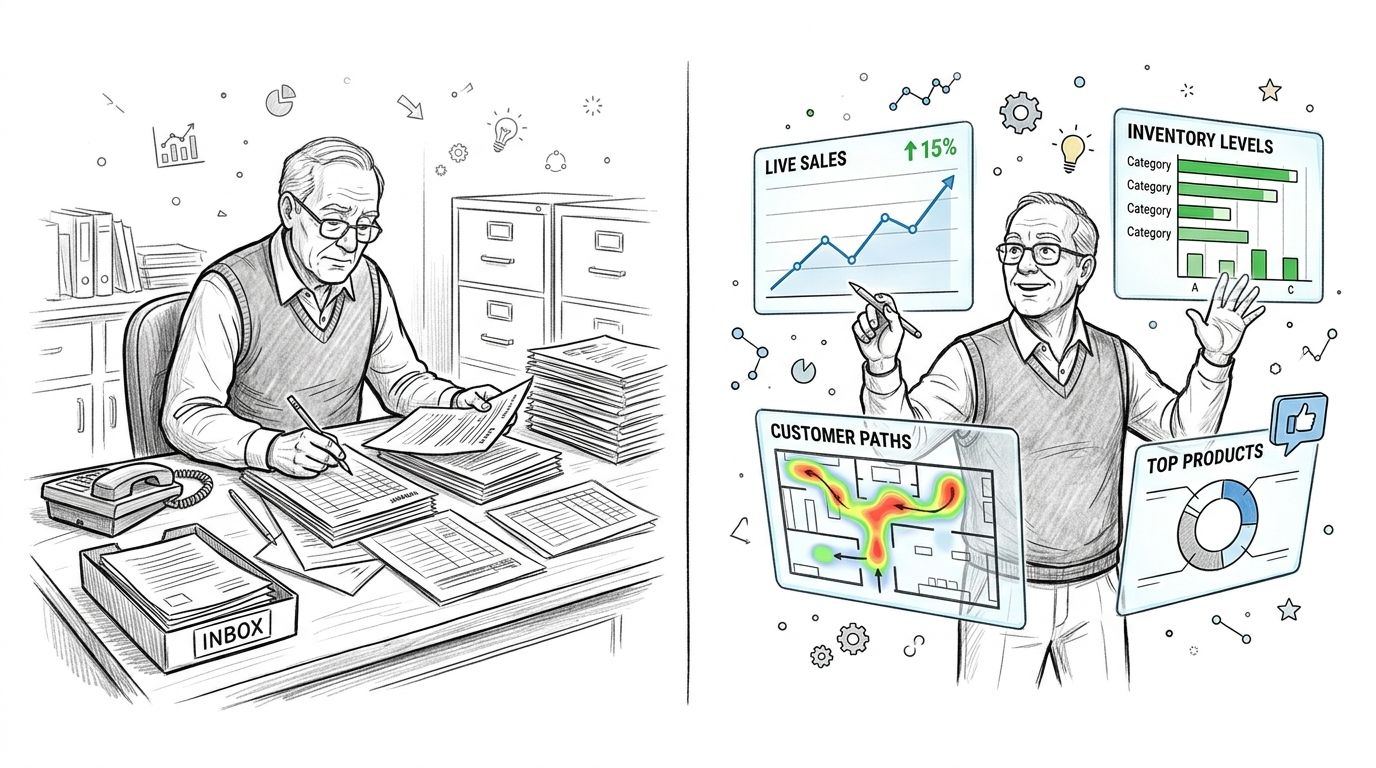 A split image contrasting a man doing manual paper work versus using digital business intelligence analytics tools.