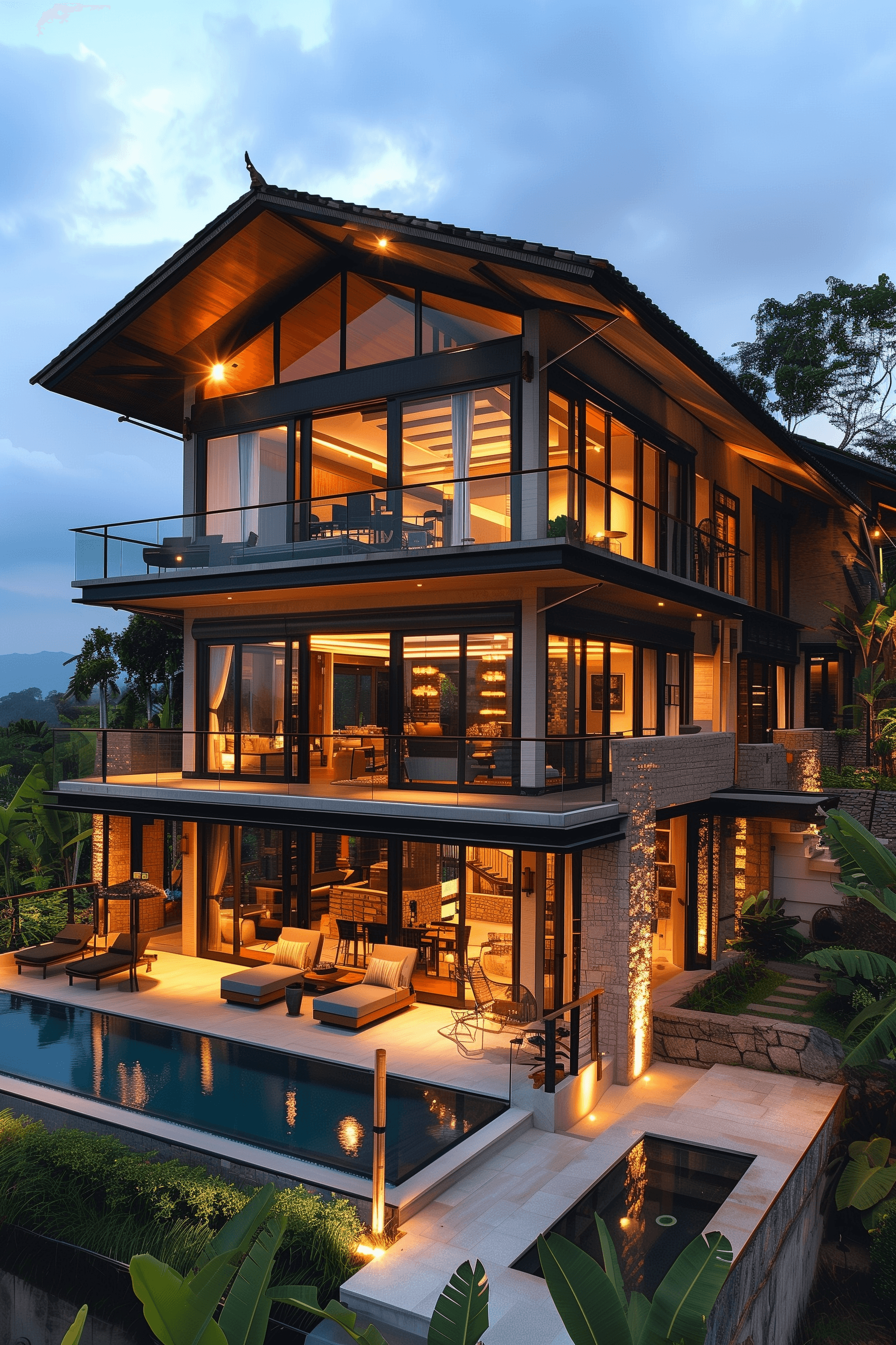 A beautifully illuminated three-story house at dusk, with large windows and a pool surrounded by greenery.