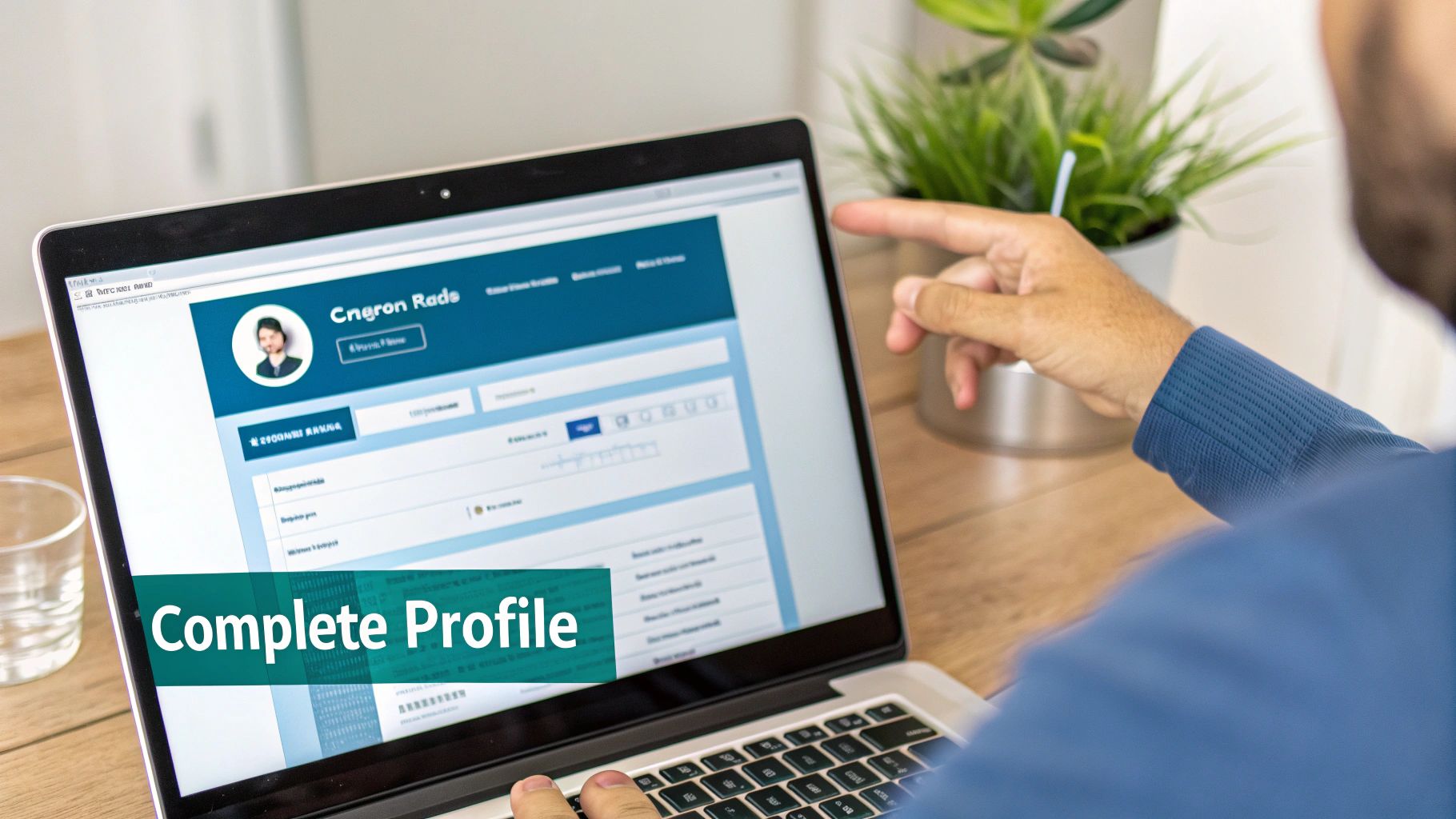 A person points at a laptop screen displaying an online profile page, likely for a professional networking site.