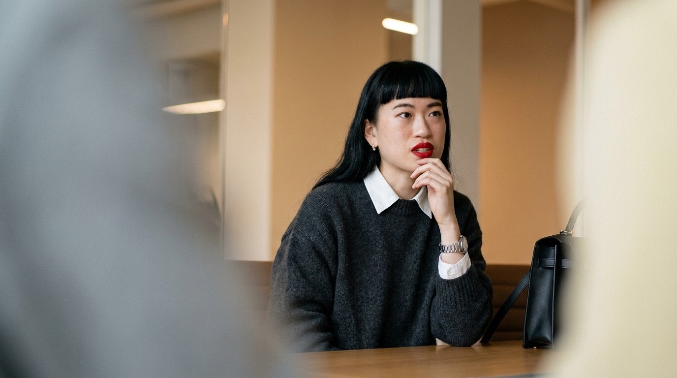 Woman in a beige blazer smiling across a laptop during a meeting in a plant-filled office