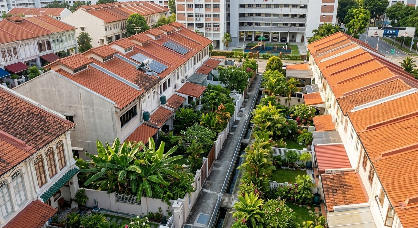 Elevated view of a lushly planted back alley between rows of traditional Singaporean terrace houses, with HDB high-rise blocks and an ERP sign in the background.
