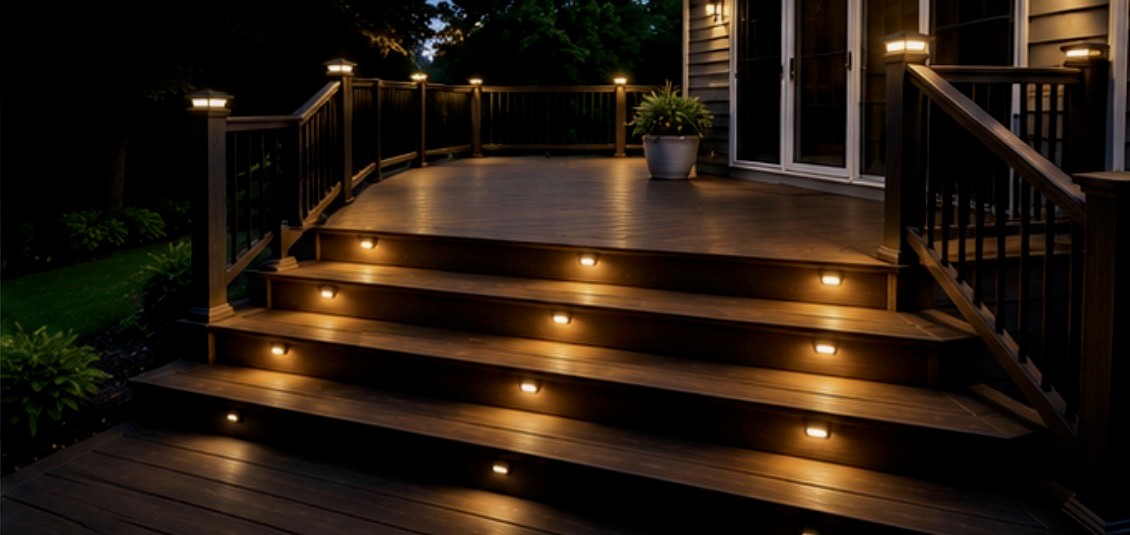 Finished backyard deck with seating and railing
