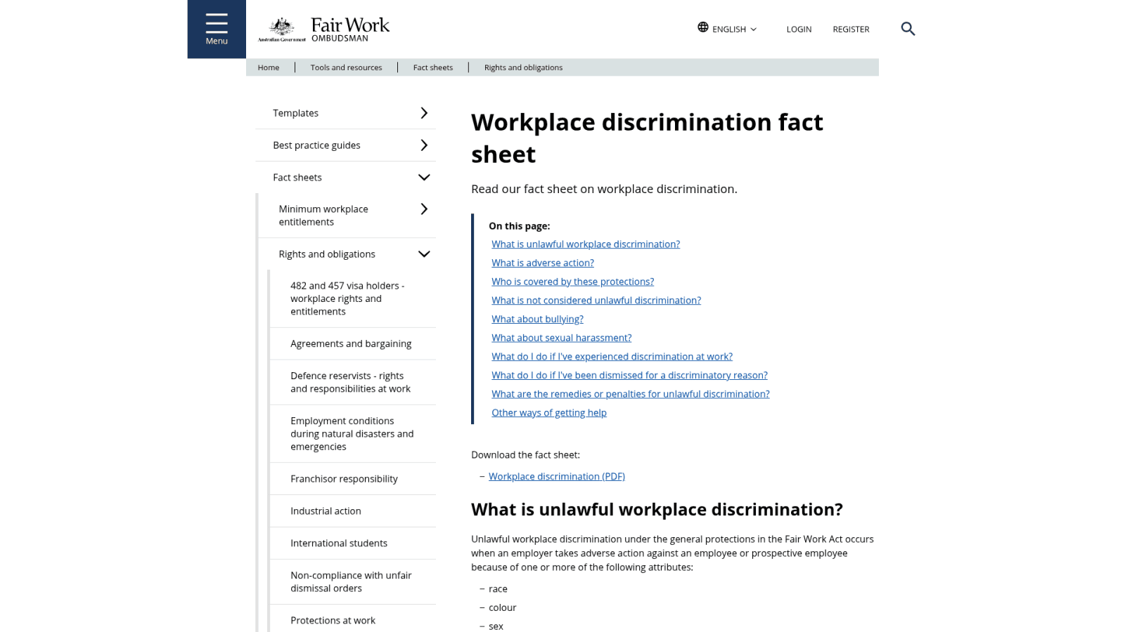 Fair Work Ombudsman workplace discrimination fact sheet
