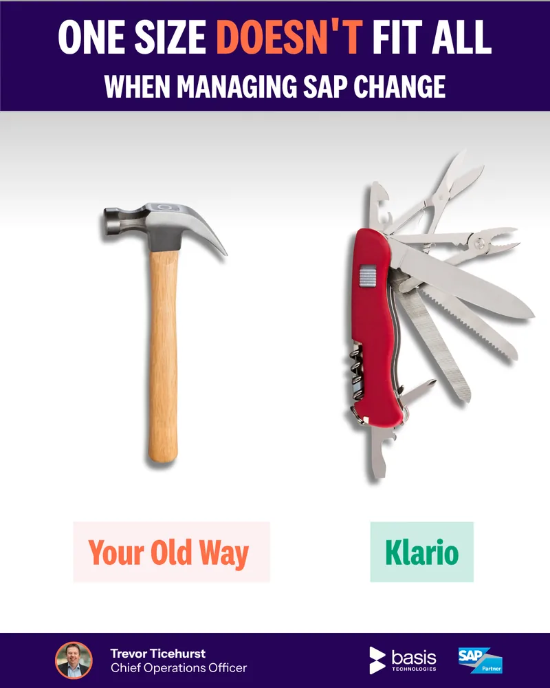 Basis Technologies post: “One size doesn’t fit all when managing SAP change” — a hammer beside a multi-tool.