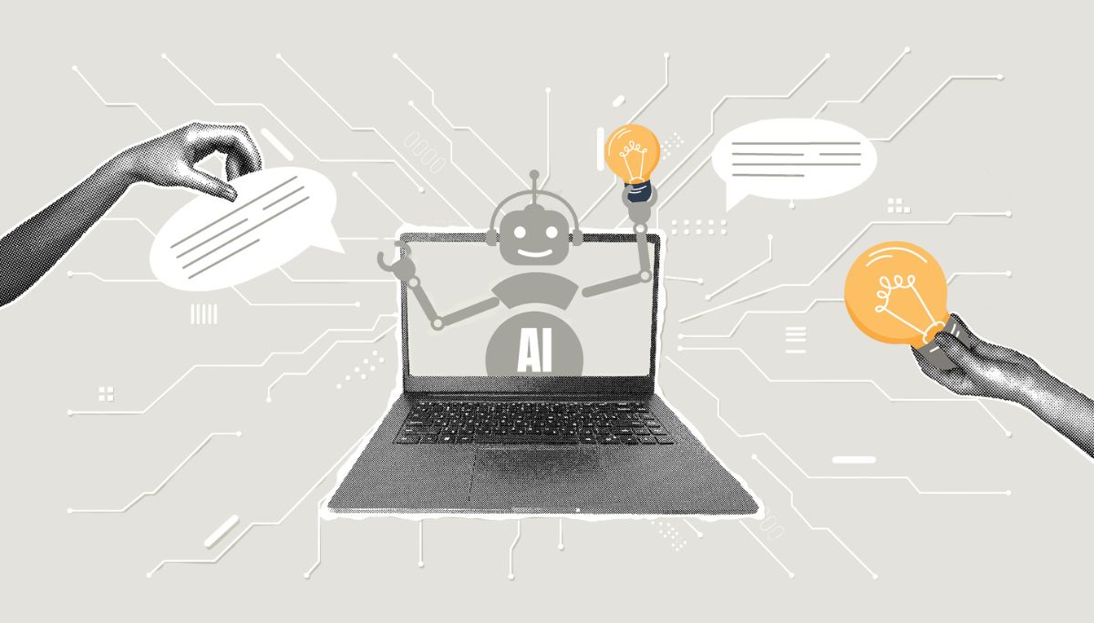 Laptop with smiling AI robot and hands holding speech bubble and light bulb, symbolizing how startups are building with LLMs.