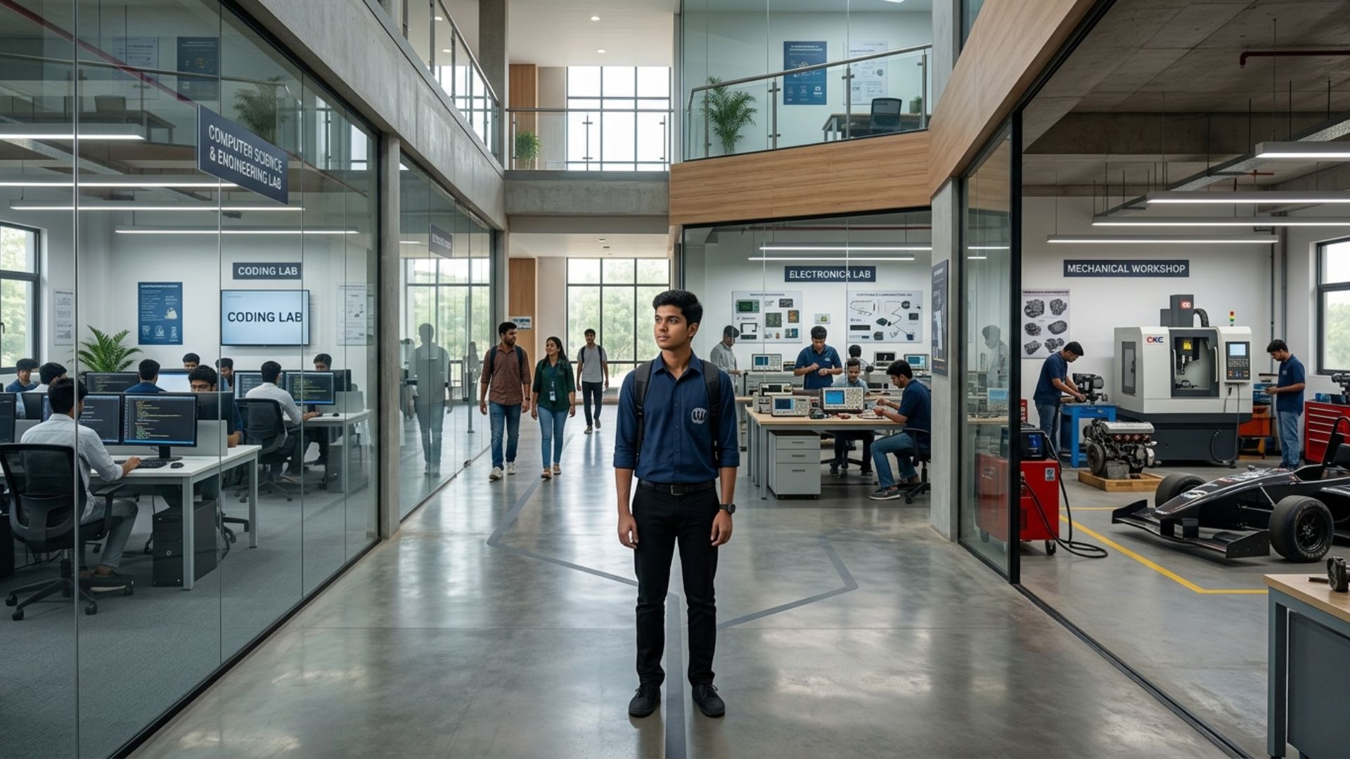 Student standing between computer science, electronics, and mechanical engineering labs while deciding which engineering branch should I choose.