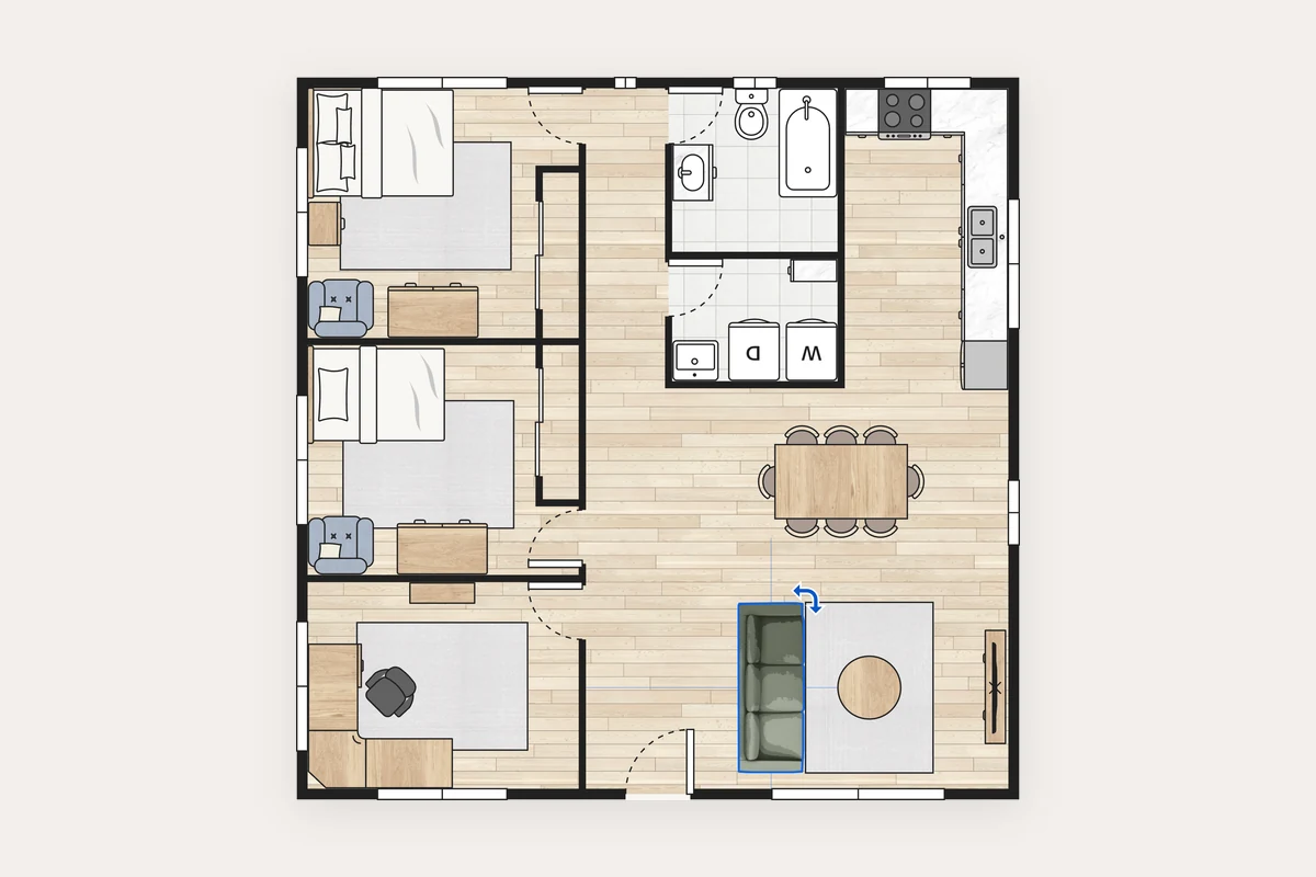 Floor plan of a whole home with a custom sofa selected in the living room