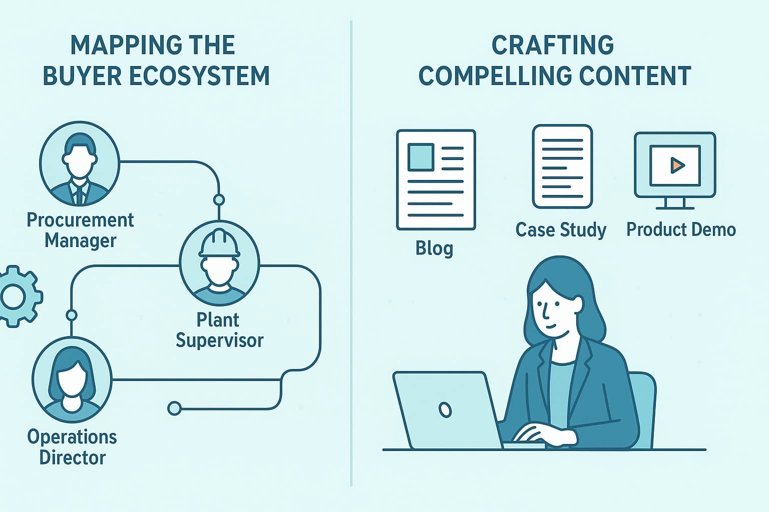 “Infographic illustrating the buyer ecosystem and content creation process for a specialized B2B agency, without identifying any individuals”.