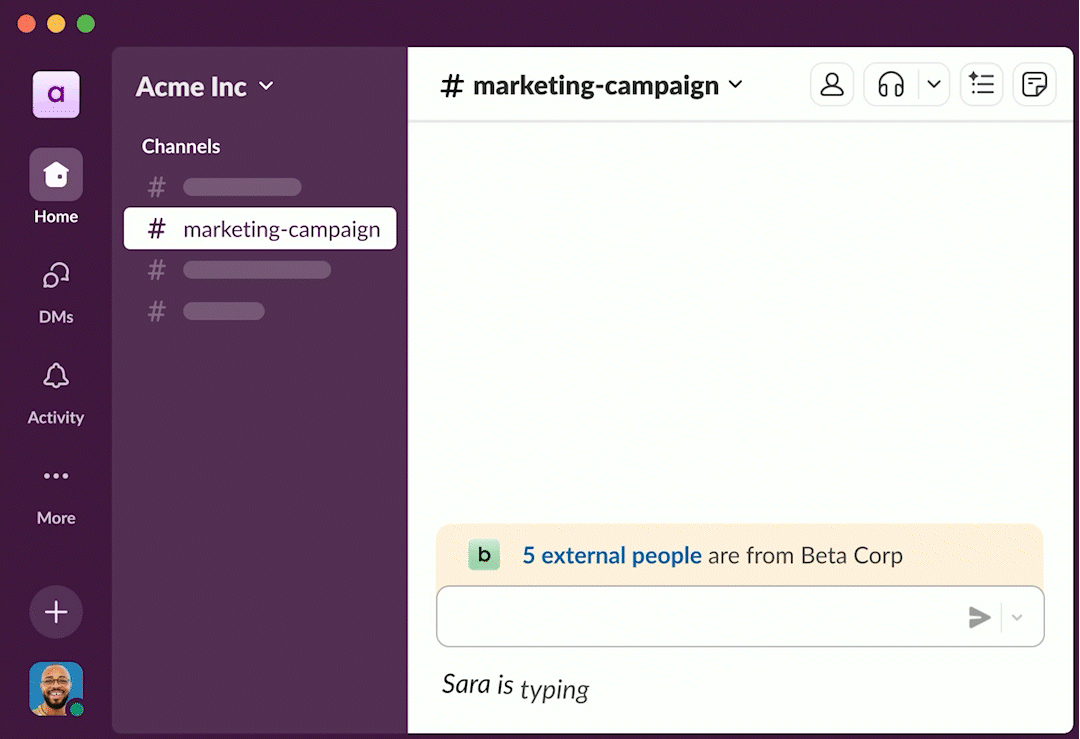 Slack’s channel’s interface with team’s messages and notifications