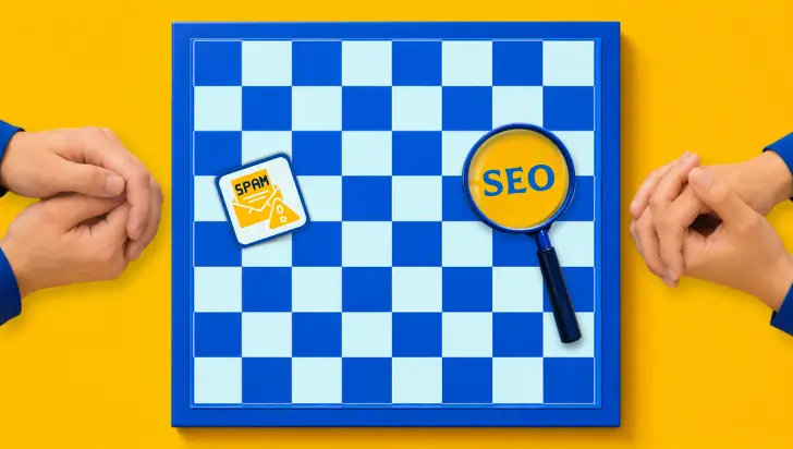 SEO magnifying glass and spam icon on a blue chessboard for Google spam policies.