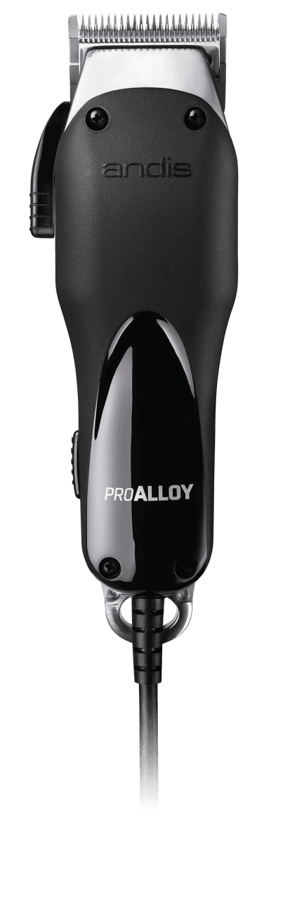 Andis ProAlloy hair clipper in black with a silver blade. Professional grooming tool for barbers and stylists.