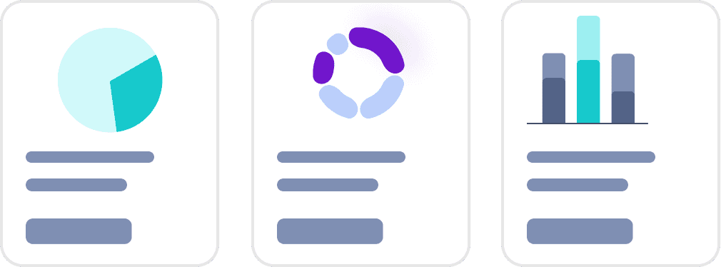 Three illustrated cards displaying different types of graphs: a pie chart, a donut chart, and a bar graph, with descriptive text below each graph.