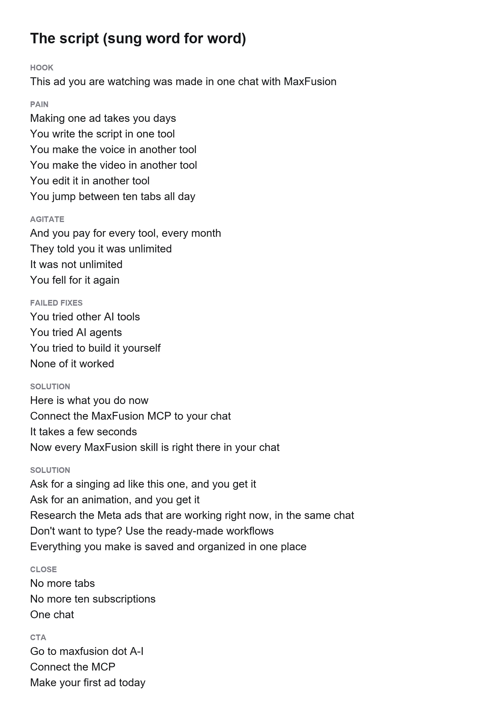 The Maxfusion singing ad script, sung word for word