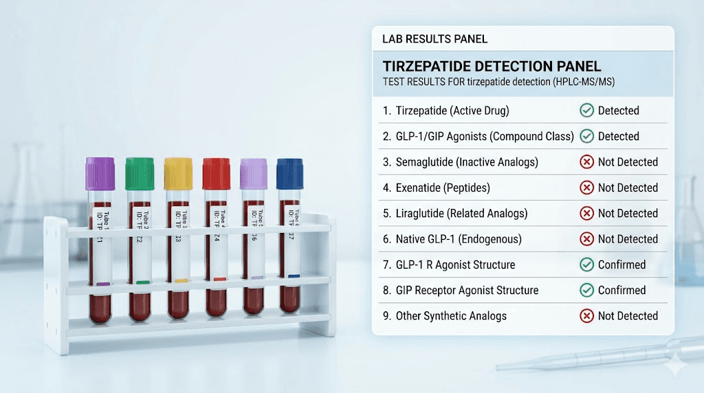 Standard blood test panel results showing tirzepatide is not detected