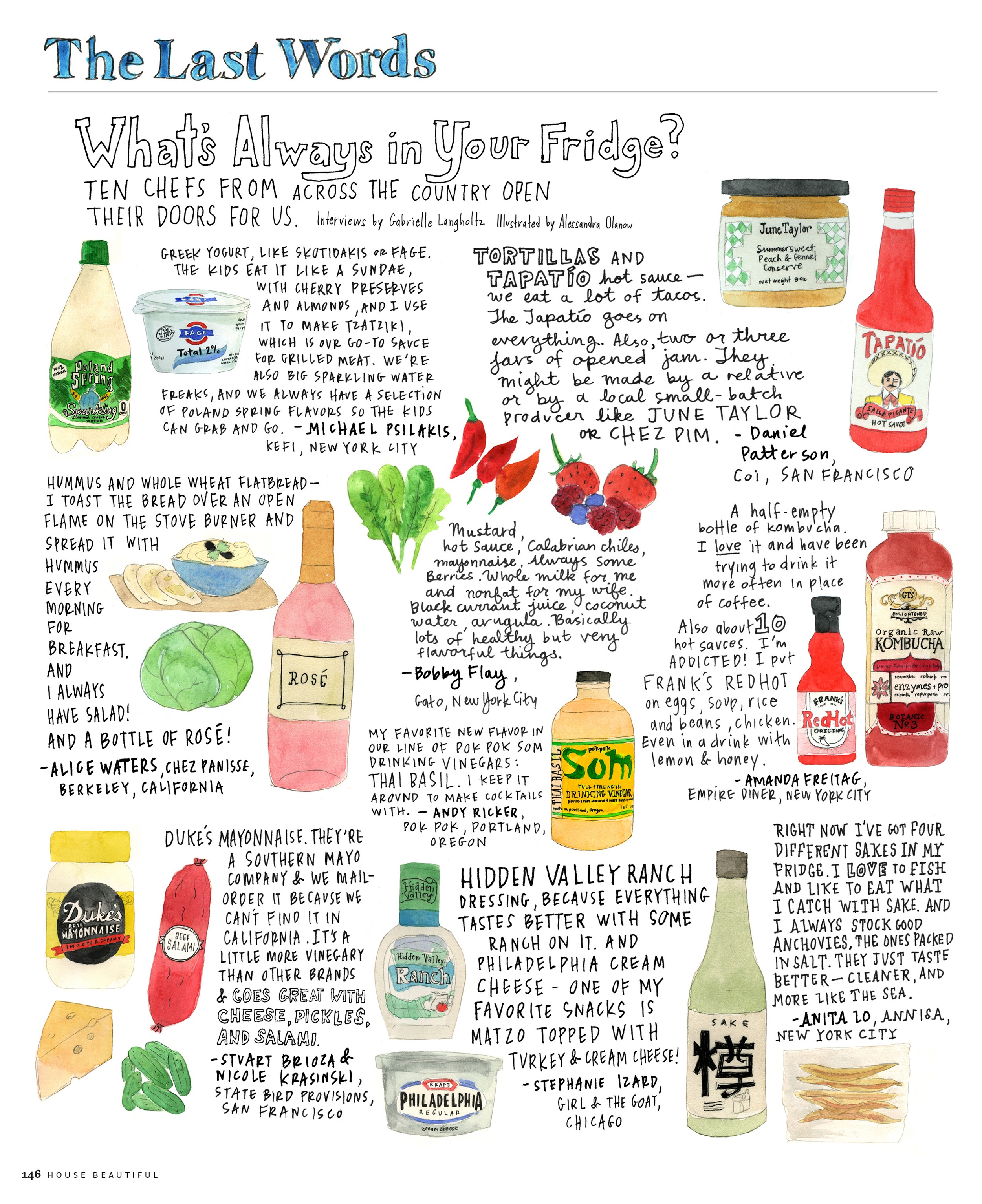 A layout with illustrations of items from the fridge. All the text in this layout is hand-written as well.