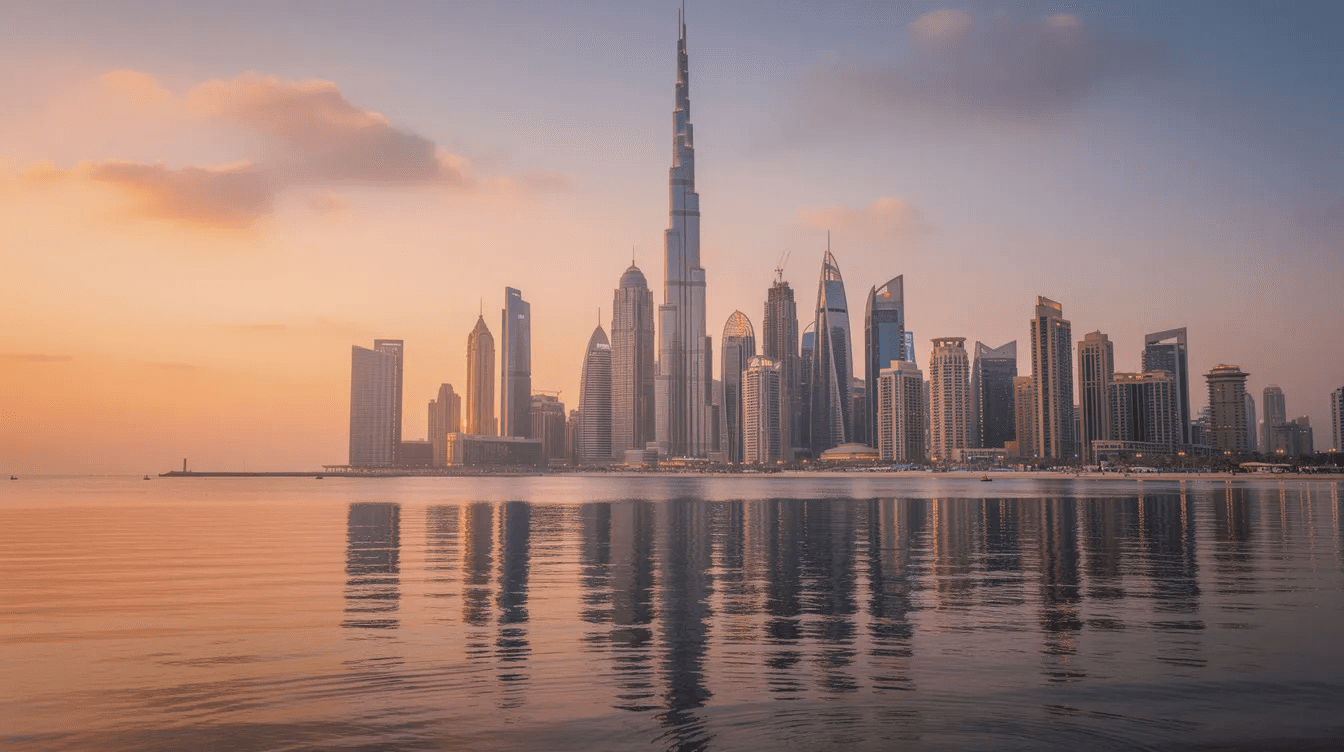The image showcases the stunning Dubai skyline at sunset, with modern skyscrapers reflecting beautifully in the calm waters. This picturesque view highlights the architectural marvels of the United Arab Emirates, symbolizing the digital innovation and business growth opportunities offered by leading web design companies in the region.